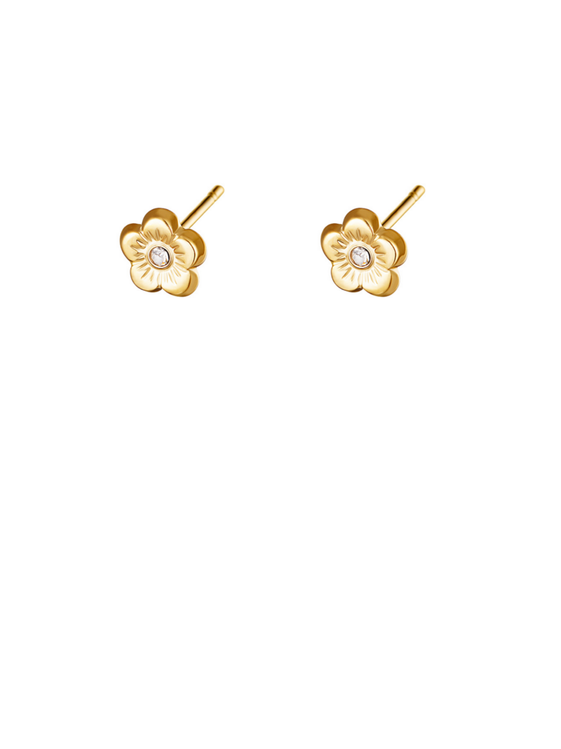 Gouden stainless steel oorstekers met een bloemetje en diamantje in het midden