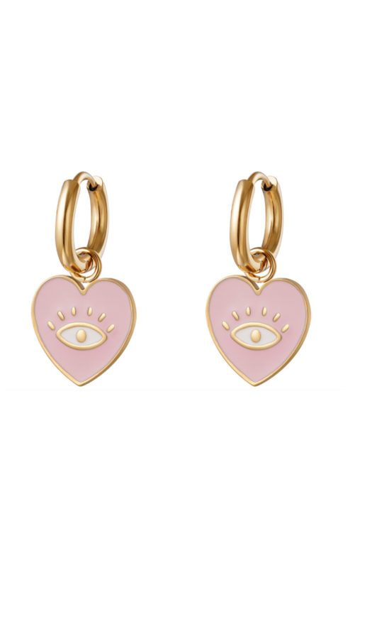 Gouden stainless steel oorbellen met een roze hartje met oog