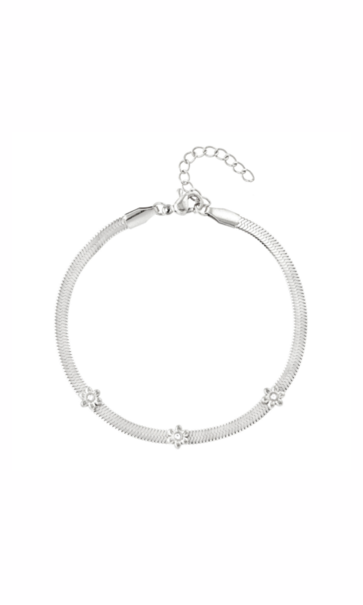 Zilveren Stainless steel armband met bloemetjes met diamantjes