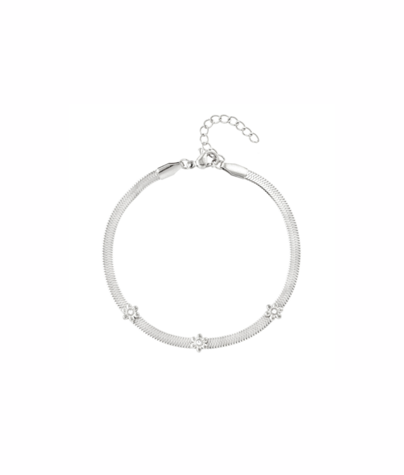 Zilveren Stainless steel armband met bloemetjes met diamantjes
