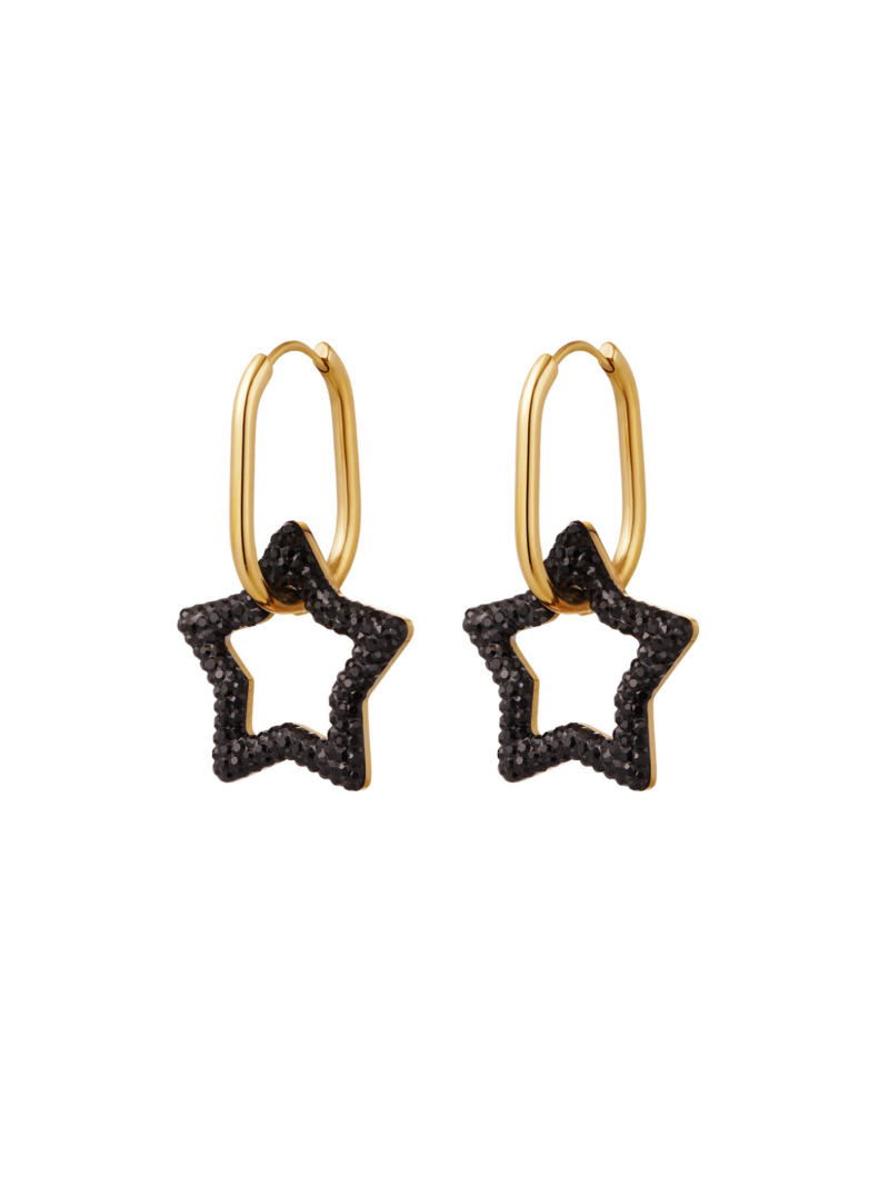 Gouden stainless steel oorbellen met sterren met zwarte en diamantjes