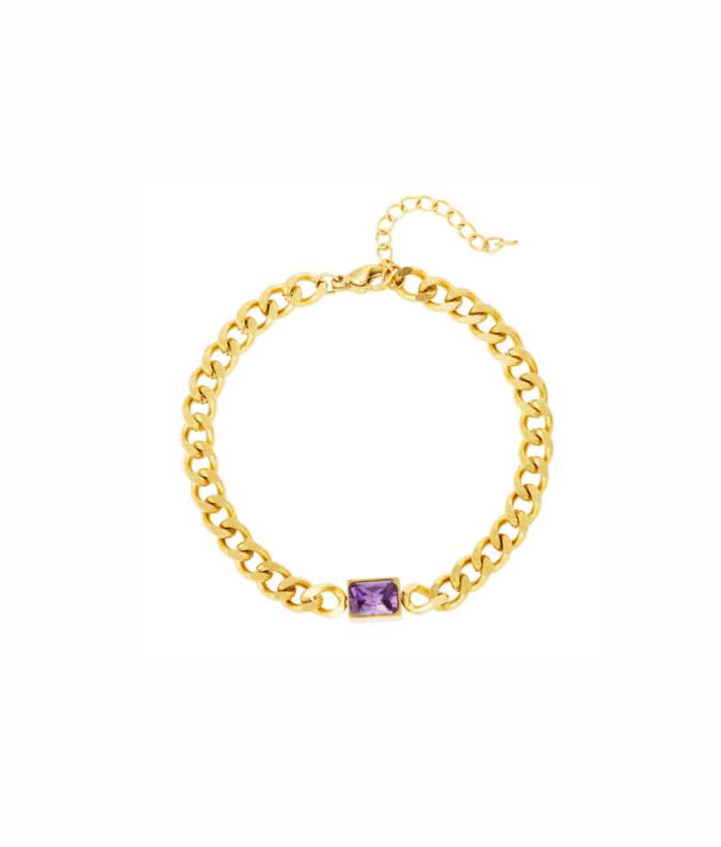Gouden stainless steel armband met grove schakels en paarse diamant