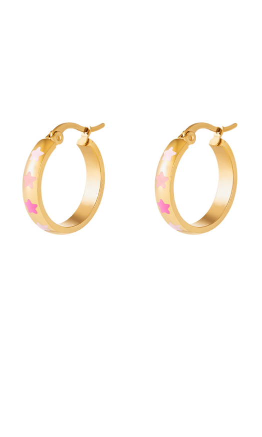 Gouden ronde stainless steel oorbellen met roze sterren