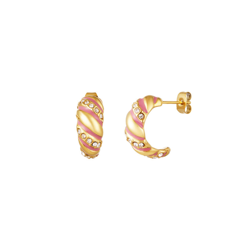 Gouden stainless steel oorbellen met roze swirl en diamantjes