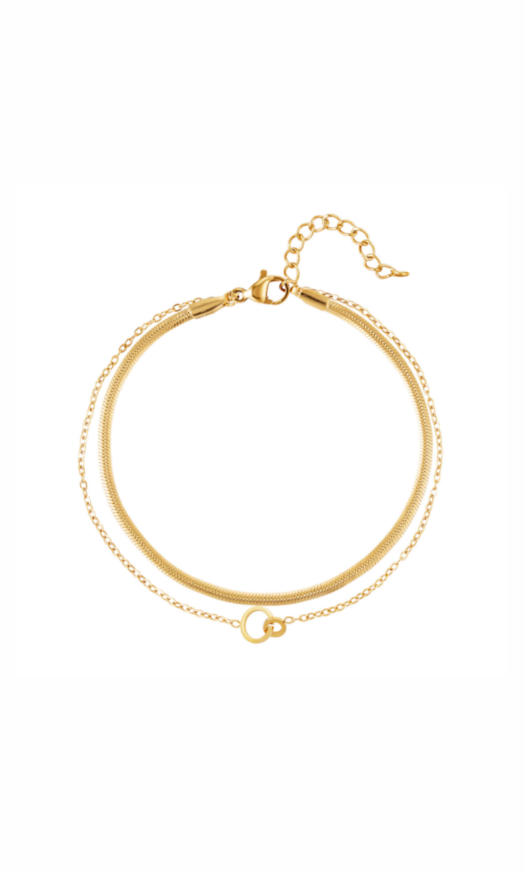 Gouden stainless steel armband met platte ketting en een fijne ketting met ringetjes