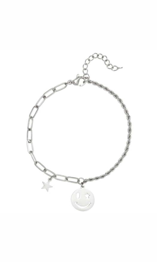 Zilveren stainless steel armband met een smiley en sterretje