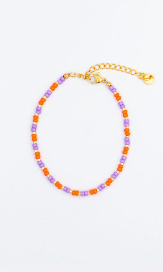 Handgemaakte stainless steel kralen armband met paarse en oranje kralen