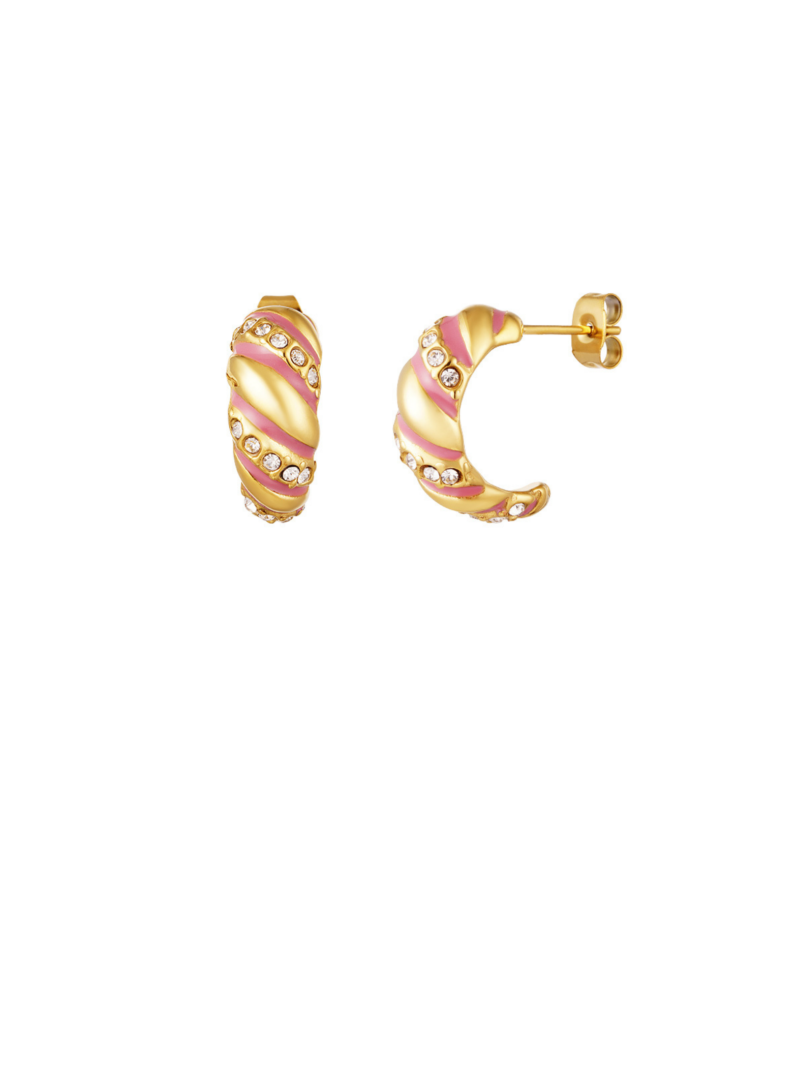 Gouden stainless steel oorstekers met roze en diamantjes