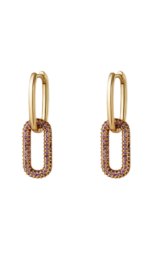 Gouden stainless steel oorbellen met hangers met paarse diamanten