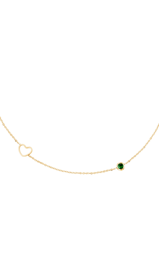 Gouden stainless steel ketting met een hartje en een groen diamantje