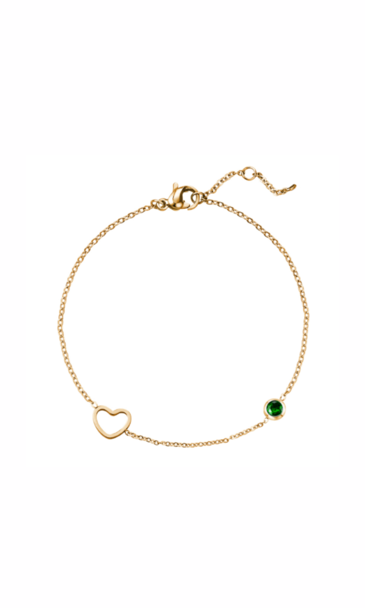 Gouden stainless steel armband met een hartje en groen diamantje