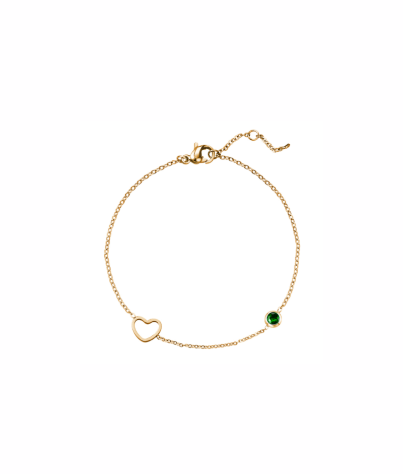 Gouden stainless steel armband met een hartje en groen diamantje