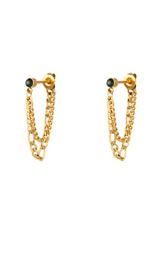 Gouden stainless steel oorbellen met een donker groen diamantje