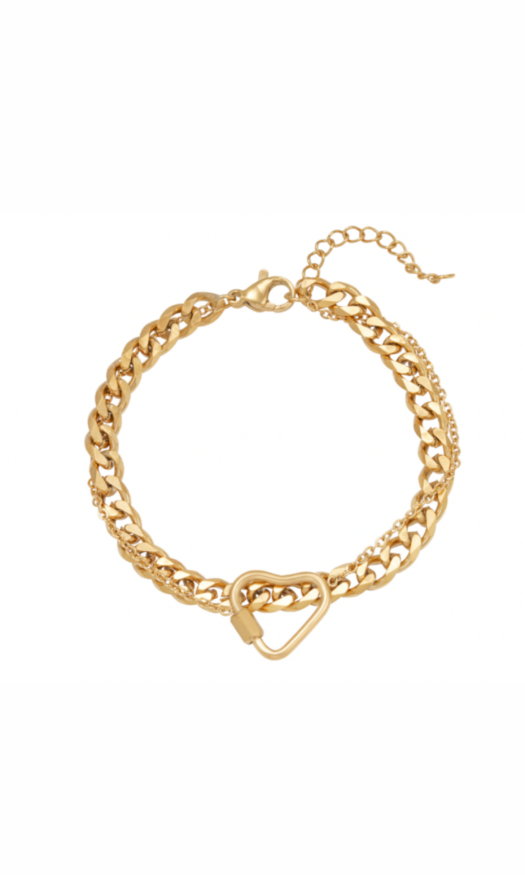 Gouden stainless steel armband met twee kettingen en een hartjes bedel