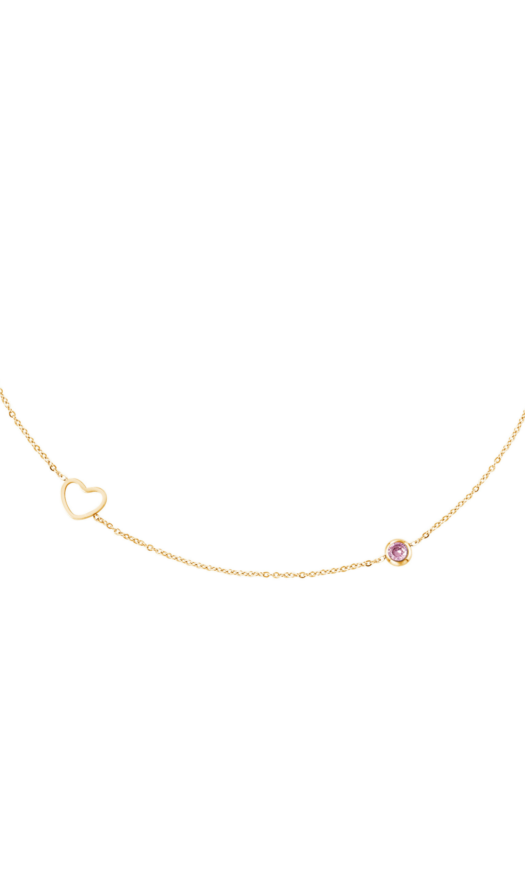 Gouden stainless steel ketting met een hartje en een roze diamantje