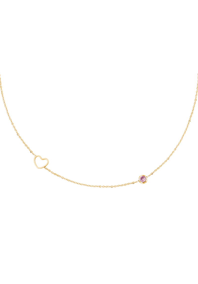 Gouden stainless steel ketting met een hartje en een roze diamantje