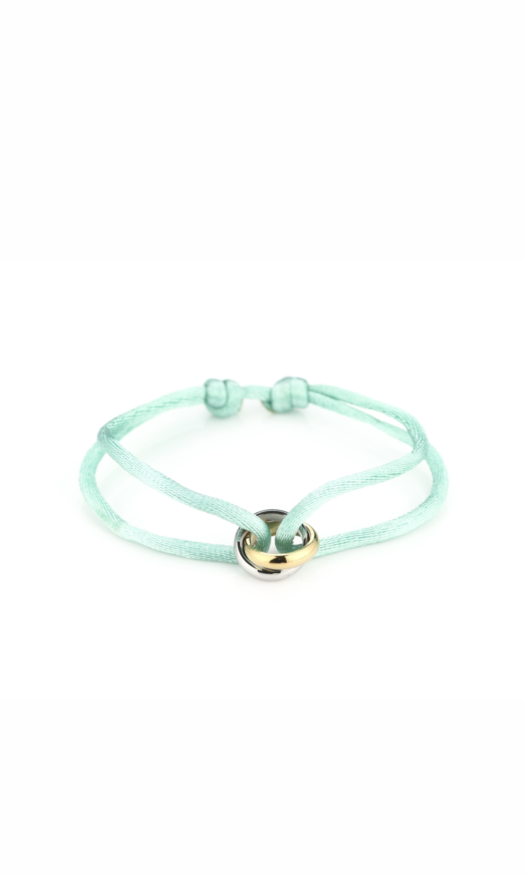 Turquoise satijnen armband met zilveren en gouden stainless steel ring