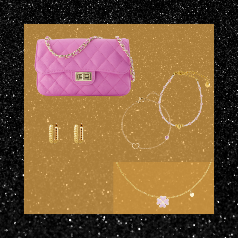Gift set met roze leren tas en gouden sieraden met roze details