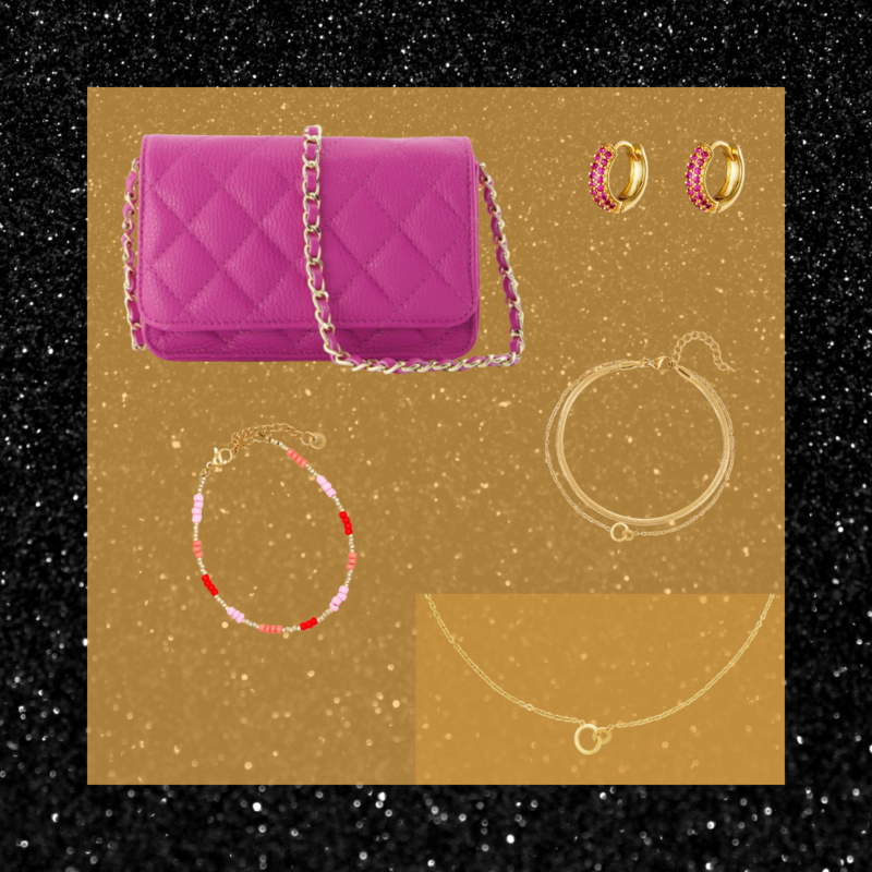 Gift set met roze leren tas en gouden sieraden met roze details