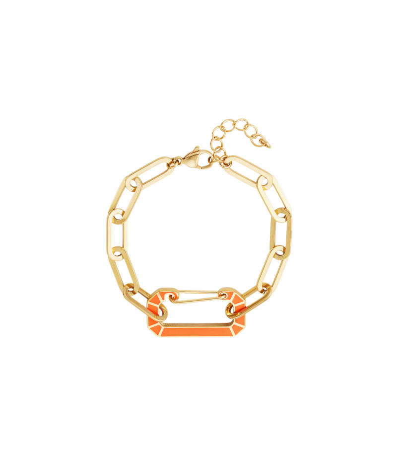 Gouden stainless steel armband met grove schakels en een oranje haak sluiting