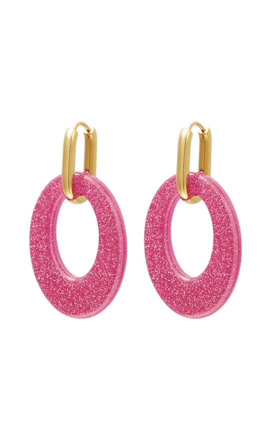 Gouden stainless steel oorbellen met roze glitter hangers