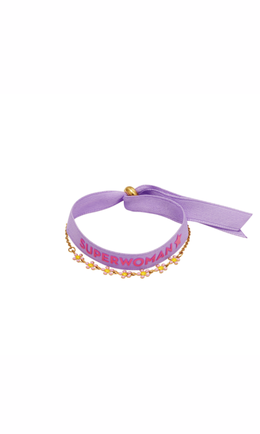 paarse lint armband met een fijne ketting met kleine bloemetjes