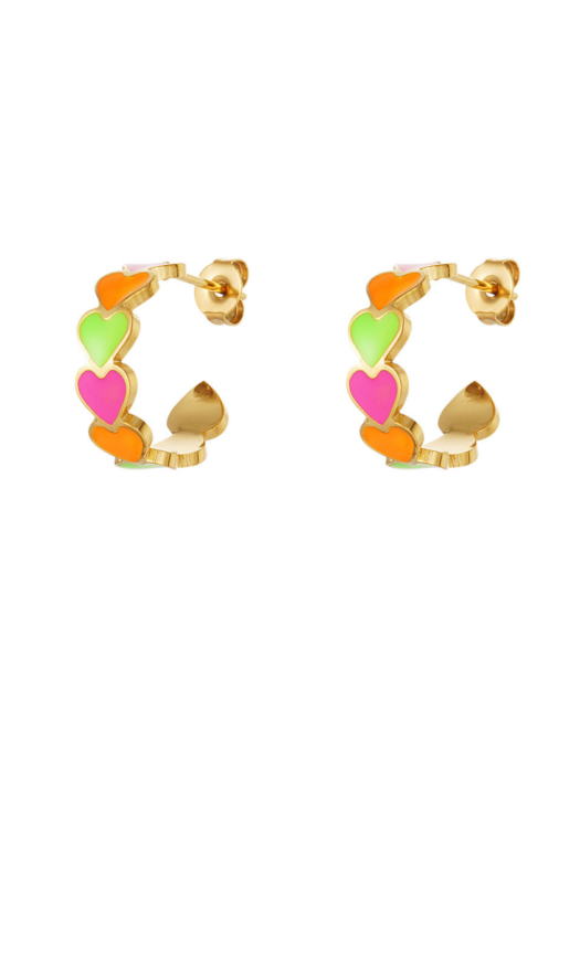 Gouden stainless steel ring oorbellen met kleine hartjes in het oranje, roze en groen