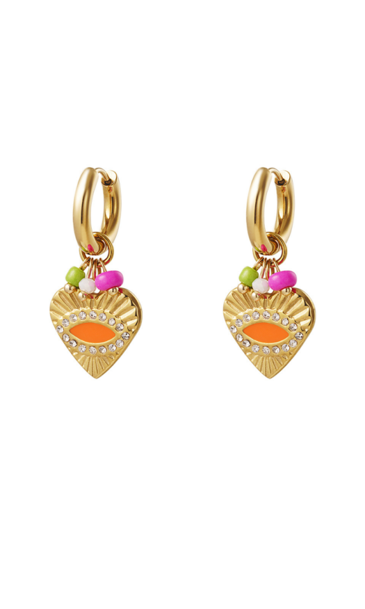 Gouden stainless steel oorbellen met oranje en roze details