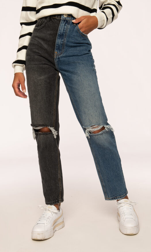 Jeans met gaten en twee kleuren broekspijpen