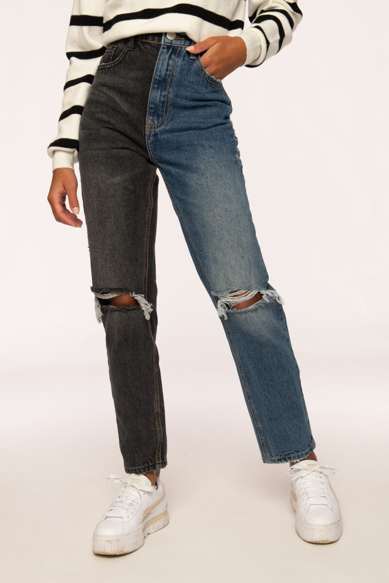Jeans met gaten en twee kleuren broekspijpen